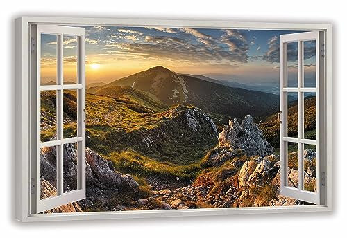HUBDECO Leinwandbild Fensterblick Tatra-Gebirge Bild 120x80 cm - Landschaftsbilder auf Leinwand - Wandbilder Wohnzimmer - Bild Fenster mit Ausblick - Aesthetic Room Decor - Wanddeko Schlafzimmer