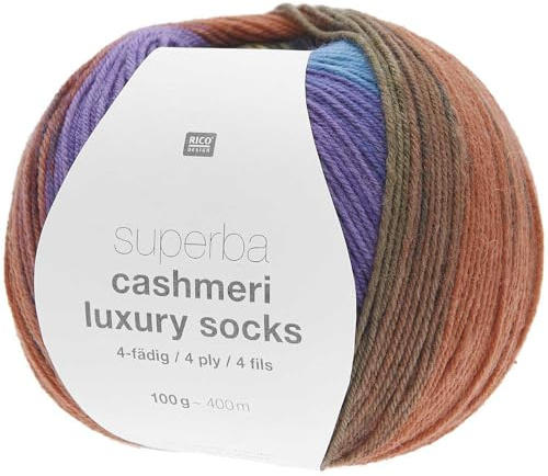 Rico Design Sockenwolle, 4 Fäden, 100 g, Multicolored, Wolle (65%), Polyamid (25%), Kaschmir (10%), 400 m pro 100 g, 2,5 mm Nadelstärke, 40 Maschen à 10 cm