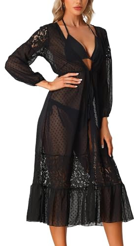 Allegra K Women's Beach Cover Up Chiffon Lace Cardigan Bikini Swimsuit Coverup Long Flowy Beachwear, Black, Medium