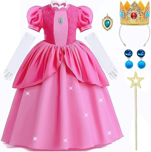 5 Stück Prinzessin Peach Kostüm, Pfirsich Mädchen Kleider Glanz Kinder Karneval Party Halloween Weihnachten Verkleidung Set, Princess Peach Kostüm Kinder mit Krone Handschuhe Zauberstab Ohrring (120)