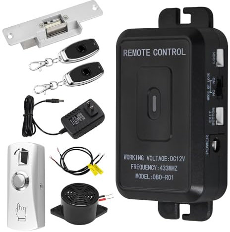 OBO HANDS Kit de contrôle d'accès sans fil + serrure électrique + bouton de sortie en métal + 2 émetteurs 433 MHz