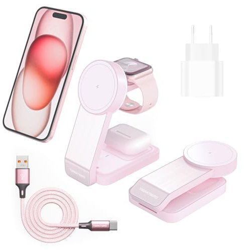 Cargador inalámbrico mag-Safe Cargador inalámbrico Plegable 3 en 1, Compatible con teléfono 14/13/12/11 Pro MAX Cargador inalámbrico para Apple Watch 8/7/SE/6/5/4/3/2 AirPods (Rosa)