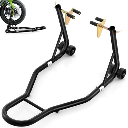 GiantexUK Motorbike Stand, Adjustable Front Track Paddock Stand on Wheels, Heavy Duty Metal Motorcycle Lifting Stand for Workshop Garage Repair Shop (Black)