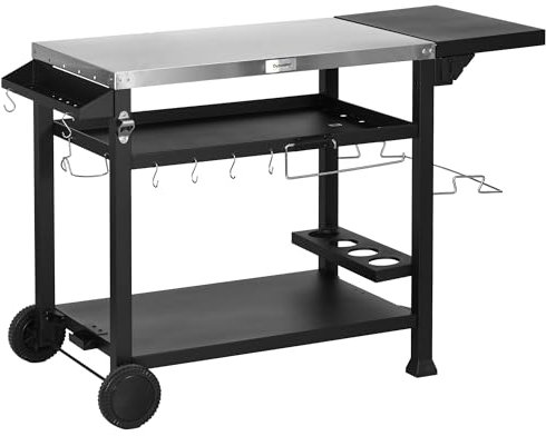 Outsunny Chariot desserte pour Barbecue plancha avec Plateau en INOX, Multi-équipements, 6 Crochets, Tablette Rabattable, 3 étages, 2 roulettes