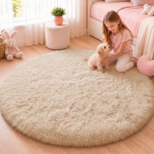 OLANLY Beige runde Teppiche für Schlafzimmer – maschinenwaschbar, 152 x 150 cm, runder Teppich für Wohnzimmer, weicher und Flauschiger Shaggy-Teppich für Teenager, Mädchen und Jungen, Schlafsäle,