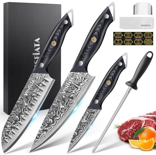 MOSFiATA Damastmesser Set 3 pcs, 8 Zoll Kochmesser, 7 Zoll Santokumesser, 3,5 Zoll Obstmesser, VG10 Damaszener Stahl,Geschenkset mit Fingerschutz und Tuch
