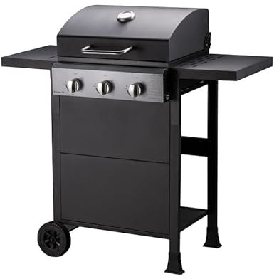 BRASERO Cooking Box - Barbecue gaz sur Chariot 3 Feux - 3 brûleurs - Surface de Cuisson en Acier émaillée 49 x 39 cm - tablettes rabattables, 2 Roues - Noir