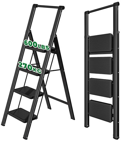 YOUTHCLUB 4 Stufen Leiter, 270 kg Tragfähigkeit, Klappbarer Tritthocker mit Breiten Anti-Rutsch Pedalen, Praktischer Handläufe, Leicht und Tragbar klappleiter für Haus und Küche, Schwarz