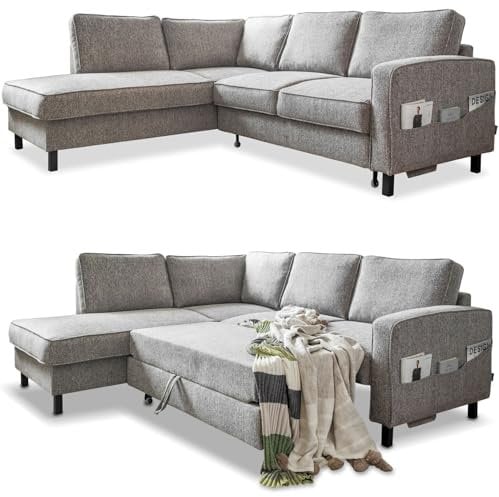MIUFORM Molly L | limitierter Polsterstoff | 6 Sitzer Ecksofa | L-form links | 233 x 198 x 88cm Couch | Klappsofa mit Schlaffunktion | Schlafsofa klappbar (Grau)