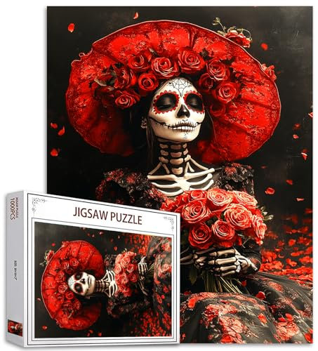 Tucocoo Tag der Toten Puzzle 1000 Teile Puzzles für Erwachsene Rote Rosen Skelett Frau Blumen Kunst Puzzles für herausfordernde Familienaktivitätsspiele DIY Handwerk Puzzle für Zuhause Wanddekoration