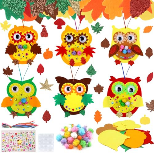 Eule Bastelsets für Kinder, 6 Sets Filz Herbst Basteln für Kinder, Owl Kreativsets zum Basteln, Kunsthandwerk Bastelhandwerk mit Glitzersteine Selbstklebend für Jungen Mädchen Kindergeburtstag
