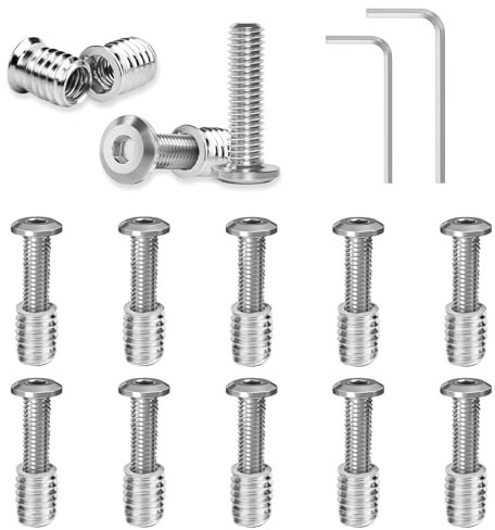 Juego de 10 tornillos M6 x 20 tornillos, tornillos de cabeza plana y tuerca atornillable, inserción roscada de madera, tuercas de rosca para muebles de madera