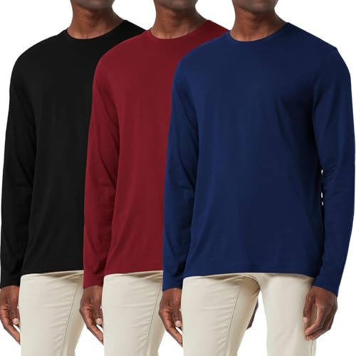 3 Pack Men's Cotton Shirt Loose Fit Long Sleeve T-Shirt Moisture Wicking Crew Neck Shirts Comfort Casual Base Layer Tops Black/Navy/Red-3P03-3XL