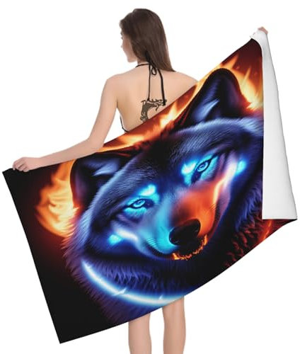 Mikrofaser Strandtuch Wolf Motiv Groß 100x200 cm, 3D Tiermotiv Badetuch für Erwachsene Weiches Leicht Handtuch Schnelltrocknend Sandfreies Strandhandtuch