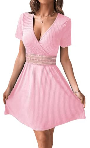 GORGLITTER Robe d'été pour femme - Col en V - Robe patineuse élégante - Robe courte avec dentelle, Rose, XS