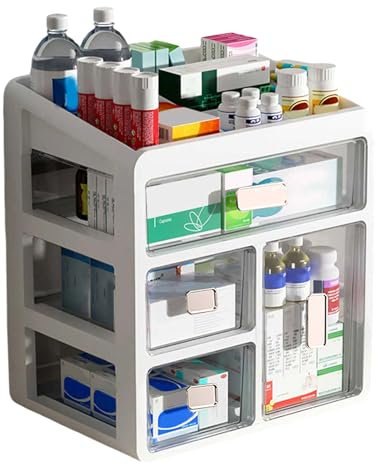 Yuehuamech Organizador de escritorio, caja de medicina, 4 cajones transparentes, contenedor de almacenamiento, cajón de almacenamiento de escritorio, organizador de escritorio, caja de almacenamiento