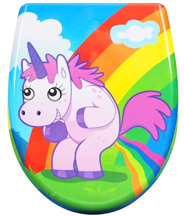 eSituro Toilettendeckel, WC Sitz mit Absenkautomatik, Klodeckel mit Schnellverschluss, 360° verstellbaren Scharnieren, Klobrille aus Duroplast, Regenbogen- und Einhorndruck
