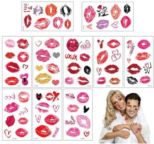 Ruayia Temporäre Tattoo Aufkleber, 10 Blätter Kussmund Tattoo, Kusslippen, Sexy Kiss Tattoo, Rote Lippen Tattoo, Hautfreundlich Und Einfach Zu Entfernen, Ideal Für Partys Und Festlichkeiten