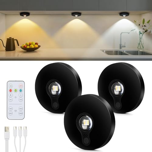ENCOFT Wireless Under Cabinet Kitchen Lights Puck Lights Rechargeable with Remote Control Battery Spot Lights 3 Color Temperatures Stick on Lights with Timer for Cupboards Cabinets Closet (3 Pack)