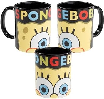 Spongebob Schwammkopf Tasse - Kaffeetasse Becher Kaffeebecher aus Keramik 320 ml Schwarz