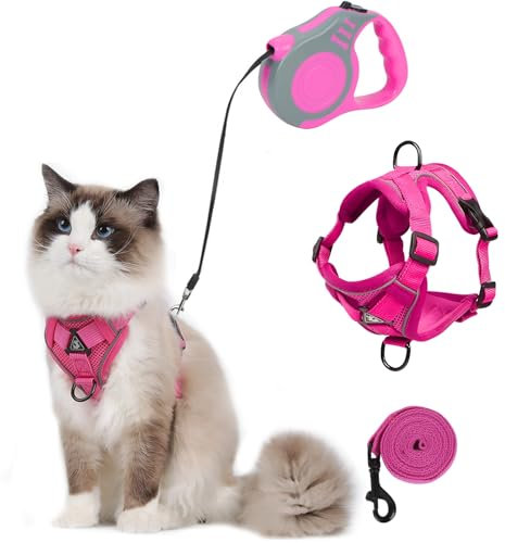 Katzengeschirr mit Leine Ausbruchsicher, Automatisch Einziehbare Katzenleine und Geschirr Katze Set, Verstellbares Katzen Geschirr Set mit Katzen Leine, Cat Harness für Kitten Hunde (rosa, M)