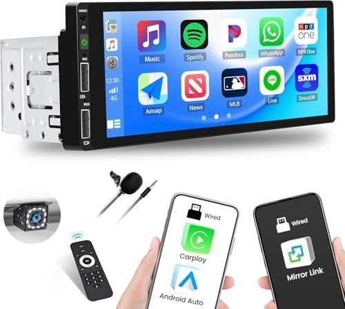 SIXTOP Single Din Car Stereo with Apple CarPlay Android Auto, 6.86 1 Din Touchscreen Car Radio with Bluetooth 5.0 Mirror Link FM Radio Dual USB Head Unit + Backup Camera + Remote Control