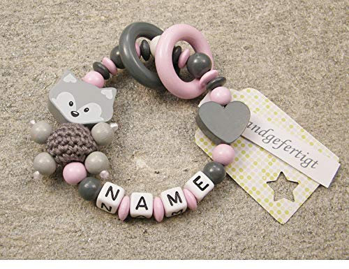 kleinerStorch® Baby Motorik Greifring personalisiert mit Namen | VIELE FARBEN | Holz Mädchen & Jungen Babyspielzeug & Lernspielzeug als Geschenk zur Geburt, Taufe | Fuchs (rosa)