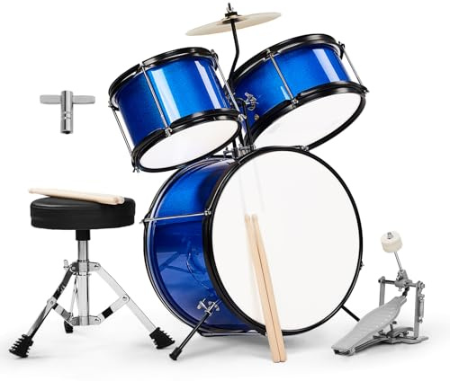 LEADZM Schlagzeug Set 14'' für Kinder ab 3 Jahren mit Hocker, Bassdrum-Pedal und 2 Drumsticks, Becken, Tom und Snare Drum (Dunkelblau)