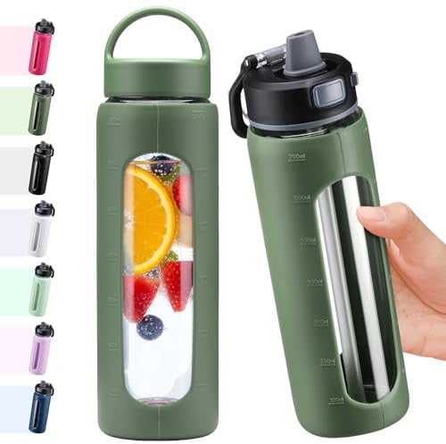 BLUEGO 700ml Botella de agua de vidrio con 2 tapas-Tapa con cierre de un toque y asa Botella reutilizable con indicador de tiempo para Viajes Casa Gimnasio Deportes Libre de BPA, Oliva