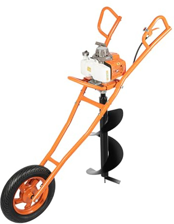 MELAQULY Benzin Einzylinder, 63CC 2-Takt Erdbohrgerät Pfahlbohrer, Gasbetriebener Erdbohrer mit Handwagen und 1.3L Kraftstofftank für Ø 60-300mm Bohrer