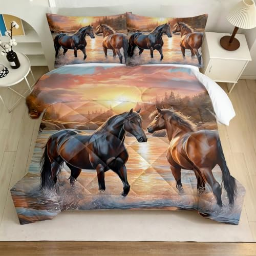 Pferde Bettdecke 140x200 4 Jahreszeiten,3D Pferdemuster Vierjahreszeiten Steppdecke,Warme Ganzjahresdecke ohne Bezug Waschbar Schlafdecke mit 2 Kissenbezug 80x80cm (Pferde-B, 140x200cm+80 * 80)