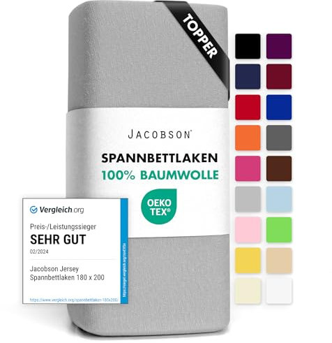 Jacobson Jersey Spannbettlaken Spannbetttuch Baumwolle Bettlaken (Topper 140-160x200 cm, Grau)