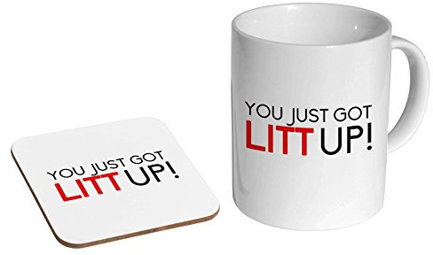 Kaffeetasse und Untersetzer aus Keramik mit Aufschrift Suits You Just Got Litt Up
