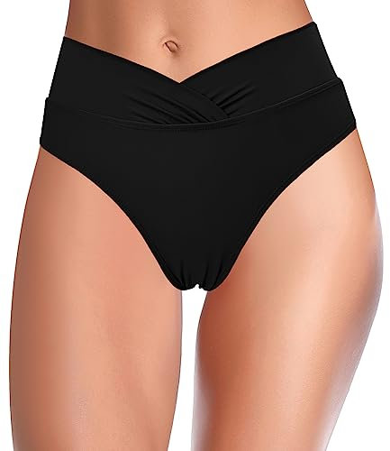 SHEKINI Traje de Baño para Mujer Abdominal Cintura Alta de Bikini Pantalones de natación Ruched Color Sólido Bañadores Retro Ropa de Playa Bikini Bragas (Negro B, Large)