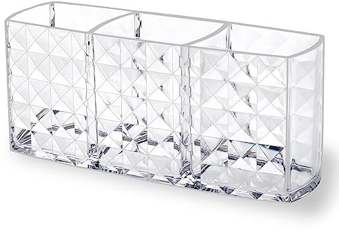 MOSIKER Makeup Brush Holder for Vanity,Acrylic Clear Small Compact Nail Hair Lip Liner Brush Pen Organizer with 3 Slots