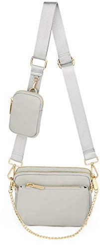 UTO Kleine Umhängetasche Damen 3 in 1 Crossbody Bag Damen Breiter Gurt mit Münzbeutel Handtasche mit Abnehmbare Kette Schultertasche mit Abnehmbarer Verstellbarer Schultergurt Nylon Grau Stylisch