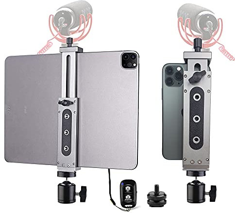 Supporto adattatore treppiede IPad alluminio con testa a sfera Cold Shoe e otturatore remoto per iPad Pro 12.9 11, iPad Air Mini, Surface Galaxy, registrazione video, 3,5 a 13,5 tablets iPhones