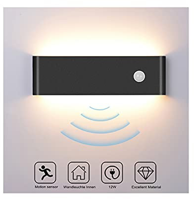 Wandleuchte Bewegungsmelder Innen 12W Warmweiß, LED Wandlampe Innen Modern Up and Down Aluminium Innenleuchte, Wandleuchte Innen für Wohnzimmer/Flur/Treppen/Garage -Schwarz
