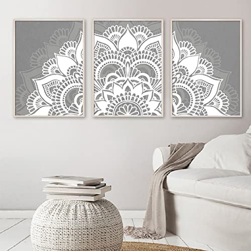 BDHcdfAJGf Graues Böhmen-Wandbild Achtsamkeitsgeschenk Mandala Poster abstraktes Blumenmuster Leinwand Gemälde weißes Yoga-Bild Raumdekoration 50 x 70 cm x 3 ungerahmt