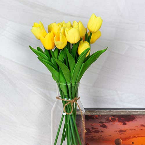 Sequpr 20 Stück Künstliche Tulpen, Künstliche Tulpen wie echt, Tulpenstrauß, Kunsttulpen Real Touch für Innen Vase, Hochzeit, Blumenarrangements, Deko (Gelb)