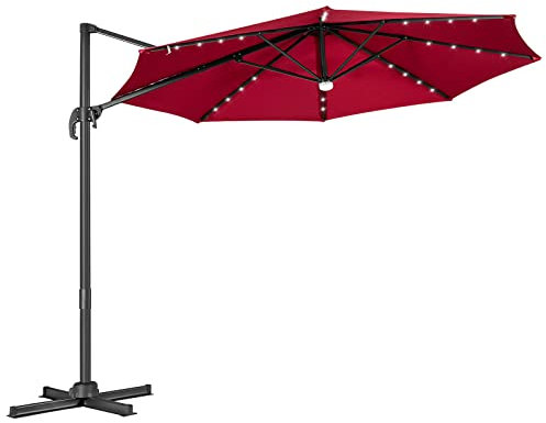 COSTWAY 3m Garden Parasol with Lights, 3 Positions Adjustable Cantilever Sun Umbrella with Solar-Powered LED, Cross Base and Winding Crank, 360° Rotation Sunshade Shelter for Patio Balcony (Wine)