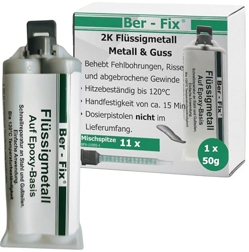 Ber-Fix 50g Flüssigmetall + 10 Spitzen, hitzebeständig, 2 Komponenten Kleber, Metallkleber, Metallspachtel, Kaltmetall, 120°C