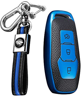 KUNIO Autoschlüssel Hülle Schlüsselbund Passt für Ford Escort Focus 3 4 ST Mondeo 5 MK5 Mustang F-150 Explorer TPU Leder-Textur Schlüsselanhänger Schutzhülle Schlüsselcase 3 Tasten Blau