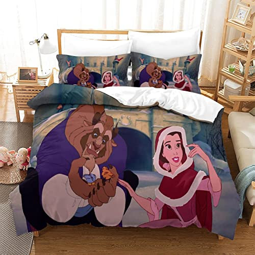 Die Schöne und das Biest Bettwäsche Set 3D Bettbezug 135x200 cm Weiche Bequem Hypoallergenic Mikrofaser Bettbezüge mit Kissenbezug und Reißverschluss für Jugendliche Erwachsene Kinder