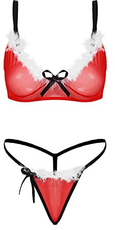 iEFiEL Weihnachten Dessous Set Damen Christmas Lingerie Nikolaus Unterwäsche Weihnachts Reizwäsche Rot Xmas Kleidung Reizvolle Negligee Rot Transparent L