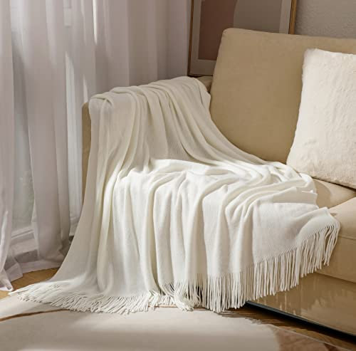Hayisugal Wohndecke Weich Strick Wolldecke Quaste Kuscheldecke Einfarbig Sofadecke Schlafdecke Decke überwurf Decke Reisedecke, Weiß, 130x210cm