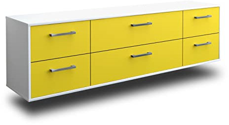 Lqliving TV-Board Lowboard Assunta, Wandmontiert, Korpus in Weiss matt, Front im trendigem Gelb (180x49x35cm), mit Metall Griffen, Made in Germany