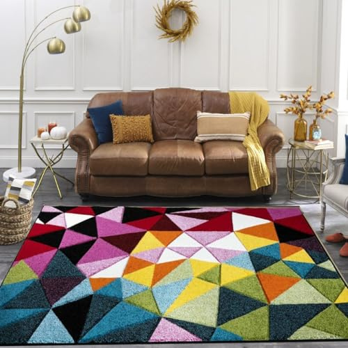 Hand Carved Multi Colour large Area Rug Hallway Geometric Design Rainbow Coloured Rugs Runner Floor Mat Door Mats (Geo Play, 60 x 110 cm)