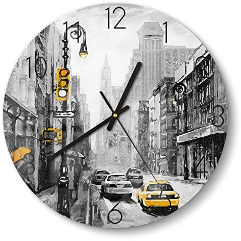 DEQORI Glasuhr | rund Ø 30 cm | Motiv Gelbe Akzente auf Straße | ausgefallene leise Design Uhr aus Glas | Wanduhr für Wohnzimmer & Küche | Moderne Hingucker Uhr für die Wand
