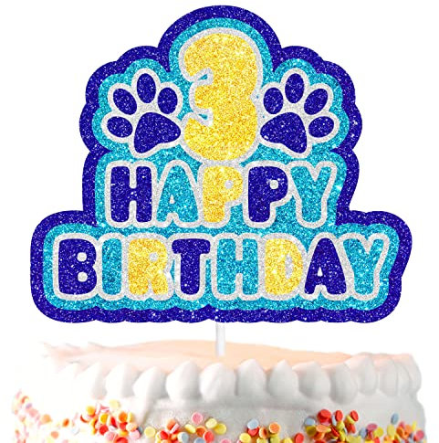 SugarGera Kuchendekoration zum 3. Geburtstag mit Hundepfoten-Aufdruck – Hunde-Mottoparty oder Haustier-Geburtstagsparty-Dekoration – SugarGera